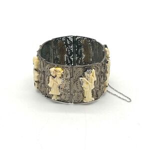 Vintage Chinese Export Silver Filigree Eight Immortals Carved Bovine Bracelet